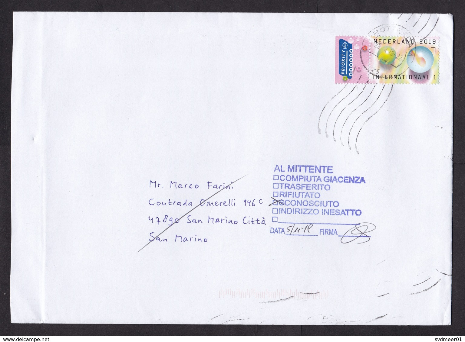 Netherlands: Priority Cover To San Marino, 2019, 1 Stamp, Marble, Toy, Returned, Retour Cancel, Unknown (minor Creases) - Covers & Documents