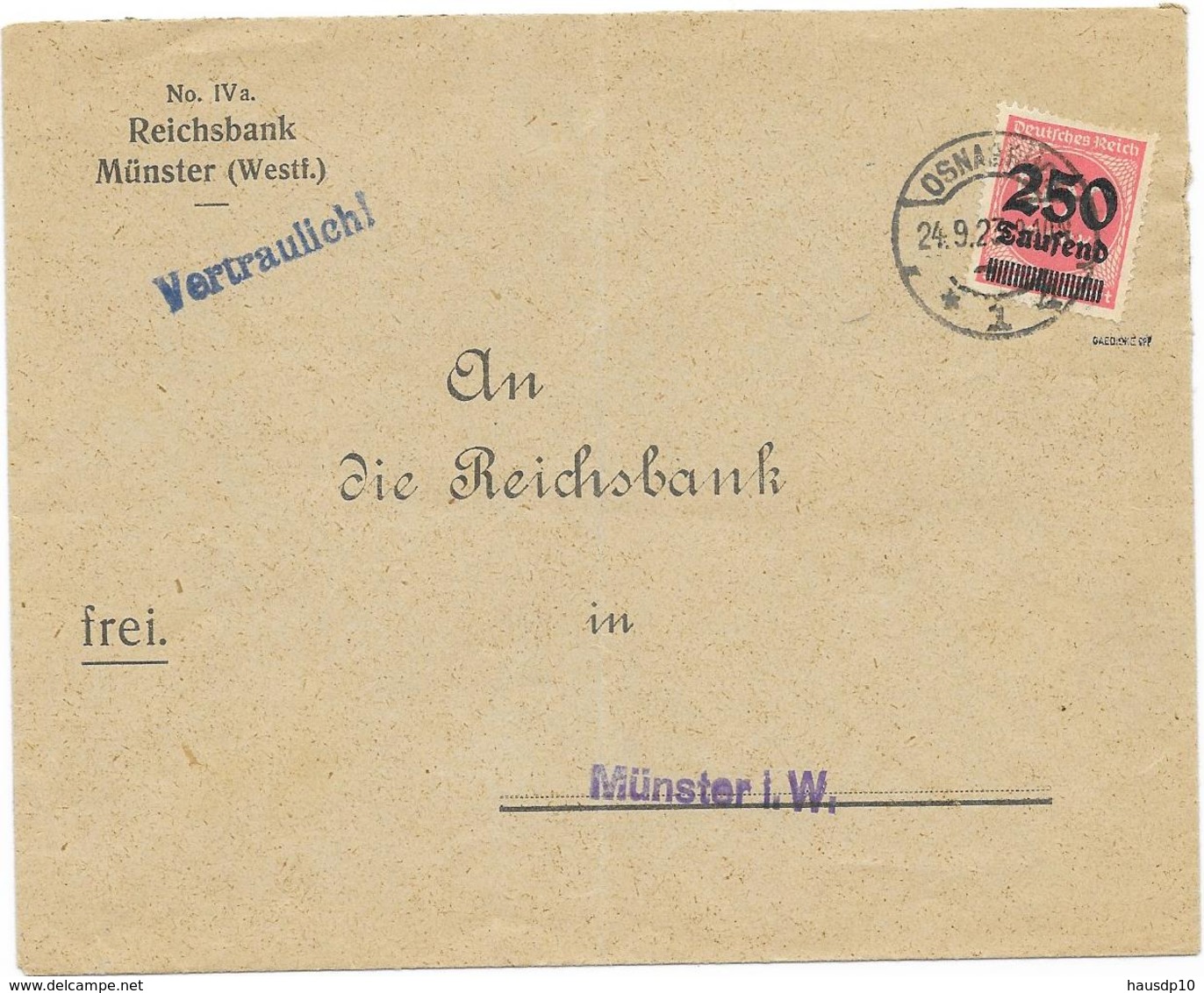 DR Infla Brief EF Mi.295 Osnabrück 24.9.23, Geprüft - Lettres & Documents