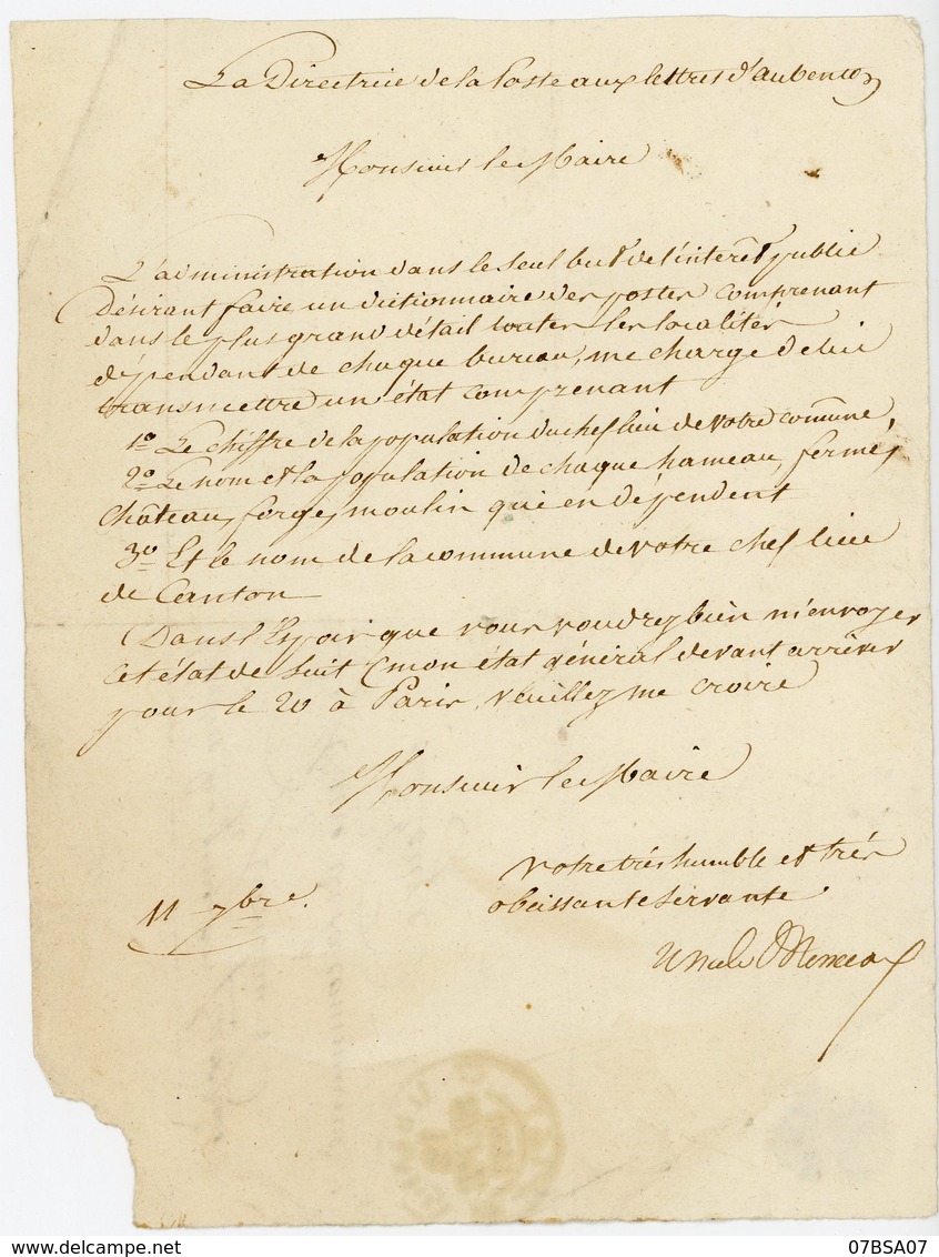 AISNE 1833 LETTRE AUBANTON FRANCHISE DE POSTE VOIR TEXTE => La Directrice De La Poste Aux Lettres D'Aubanton / Monsieur - 1801-1848: Précurseurs XIX