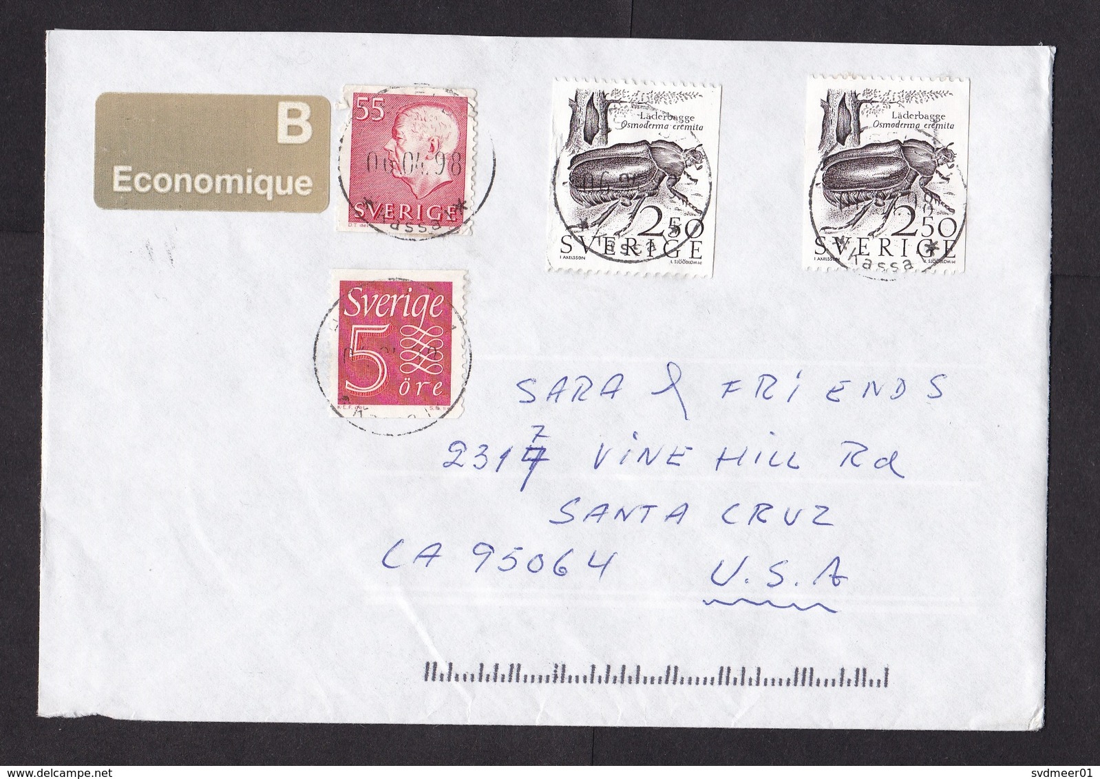 Sweden: Economy Cover To USA, 1998, 4 Stamps, Insect, Bug, Beetle, B Economique Label (traces Of Use) - Briefe U. Dokumente