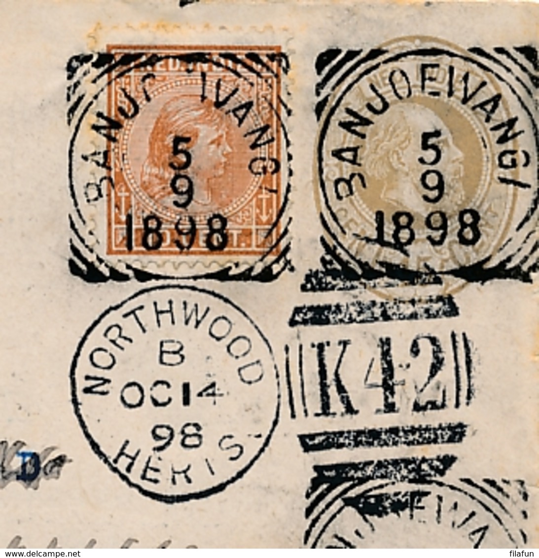 Nederlands Indië - 1898 - 10 Cent Hangend Haar Op 15 Cent Envelop G8 Van VK BANJOEWANGI Naar Northwood / UK - Niederländisch-Indien