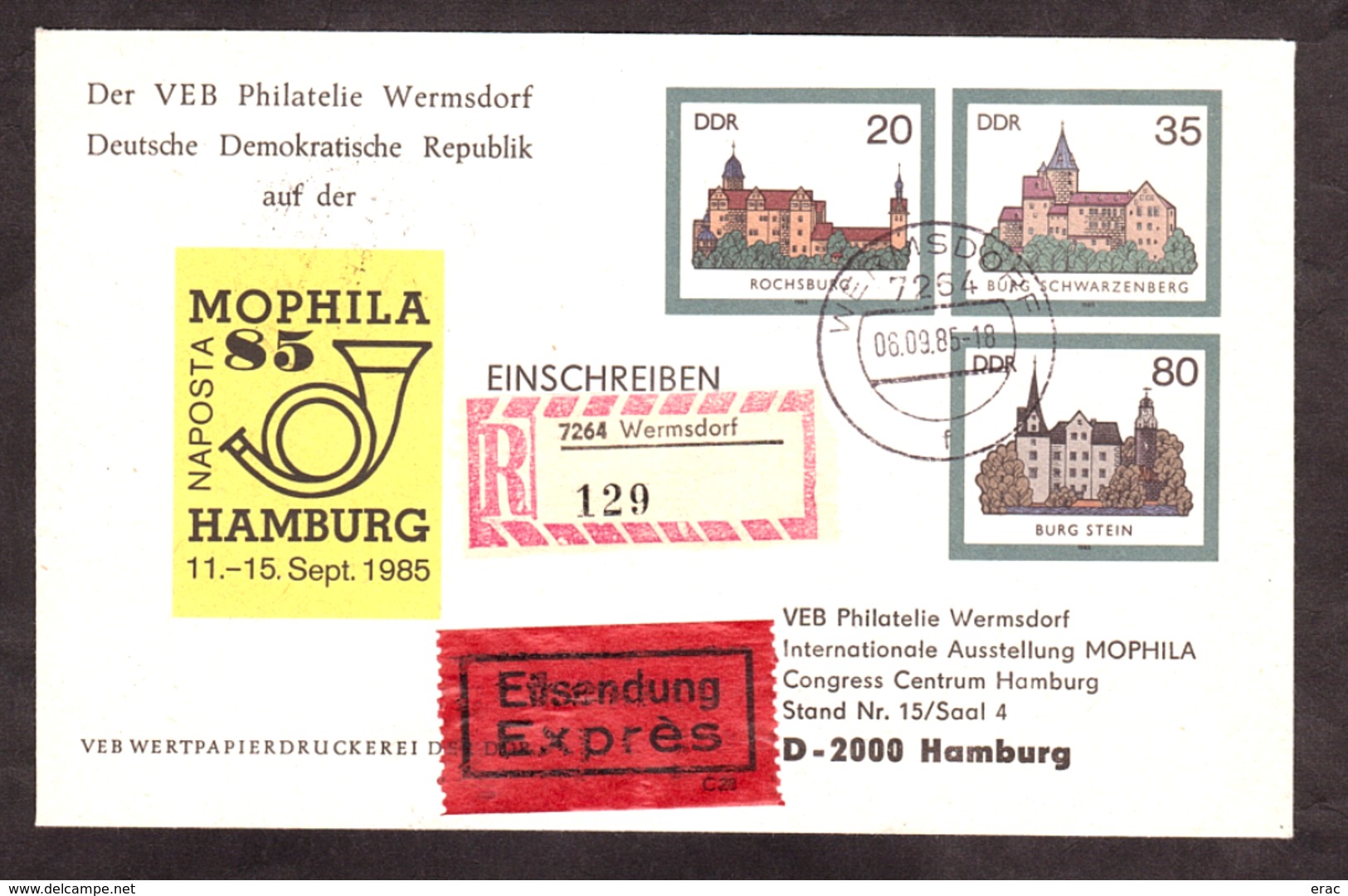 DDR - Enveloppe Entier Postal - MOPHILA85 - Hambourg - Vignettes Recommandé + Exprès - Enveloppes Privées - Oblitérées