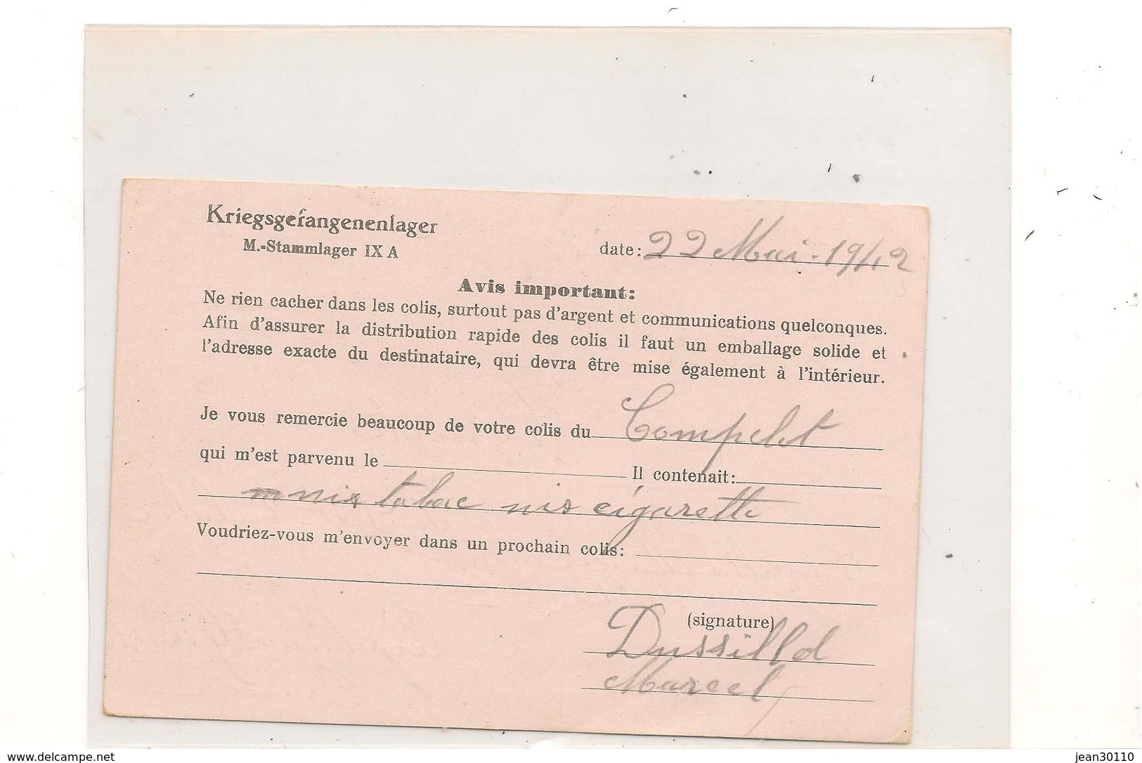 1942 PRISONNIERS DE GUERRE CARTE POSTALE AVEC INSTRUCTION D'ENVOI DU  STALAG IX A ZIEGENHAIN  POUR BORDEAUX  (GIRONDE) - Guerre De 1939-45