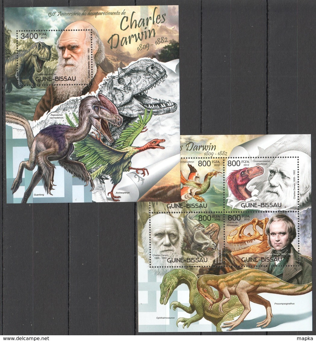 BC495 2012 GUINE GUINEA-BISSAU FAUNA DINOSAURS 130TH ANNIVERSARY CHARLES DARWIN KB+BL MNH - Prehistóricos