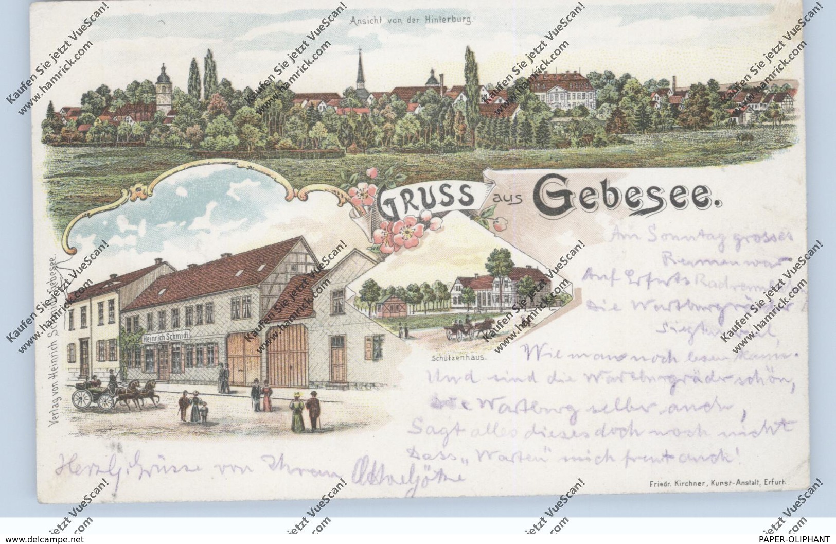 0-5102 GEBESEE, Lithographie 1899, Gasthof, Schützenhaus, Gesamtansicht, Bahnpost - Sömmerda