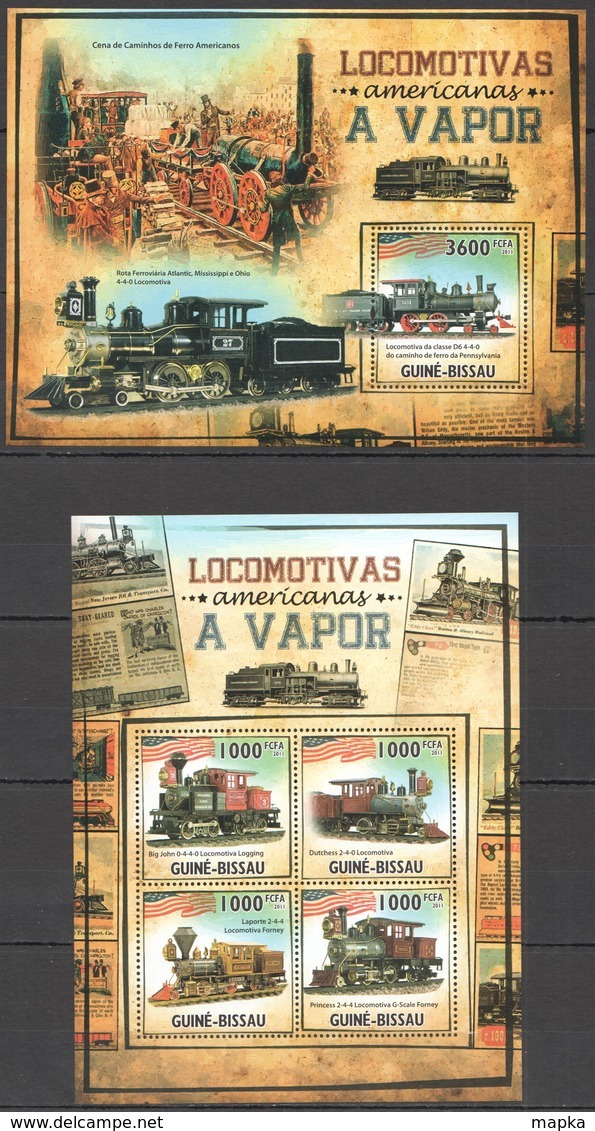 BC609 2011 GUINE GUINEA-BISSAU TRANSPORT AMERICAN STEAM TRAINS LOCOMOTIVES 1BL+1KB MNH - Trains