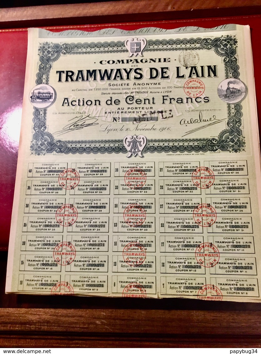 COMPAGNIE  Des  TRAMWAYS   De  L' AIN  ------- Lot   De  Dix  Actions  De  100 Frs - Chemin De Fer & Tramway