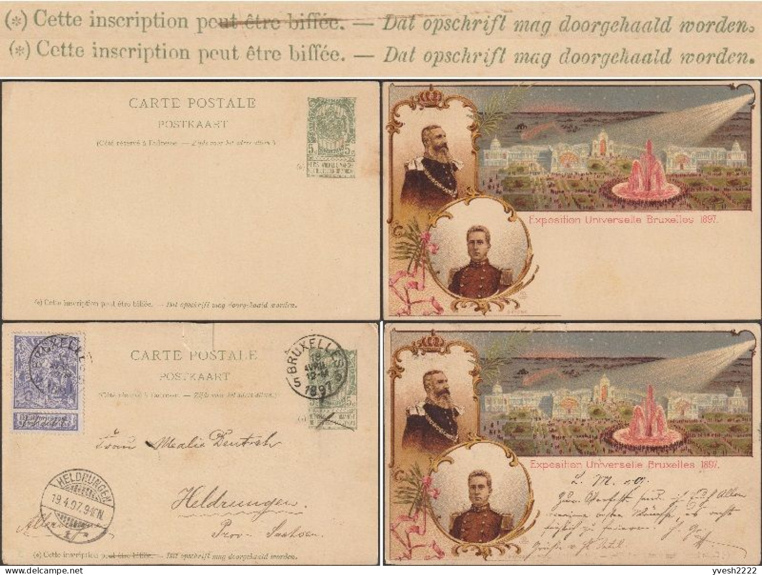 Belgique 1897. 2 Cartes Postales Entier, Exposition De Bruxelles, 2 Modèles. Avec Timbre Complémentaire, Heldrungen - Illustrated Postcards (1971-2014) [BK]