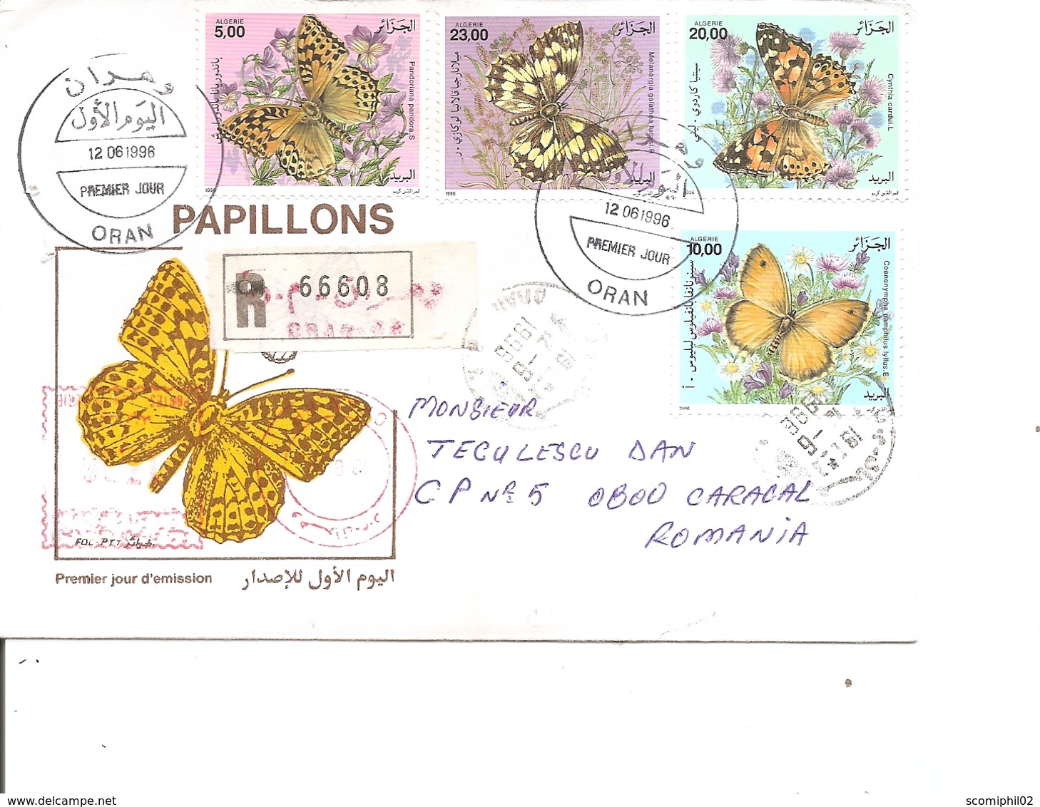 Papillons ( Lettre Premier Jour Recommandée D'Algérie De 1996 De Oran Vers La Roumanie à Voir) - Papillons