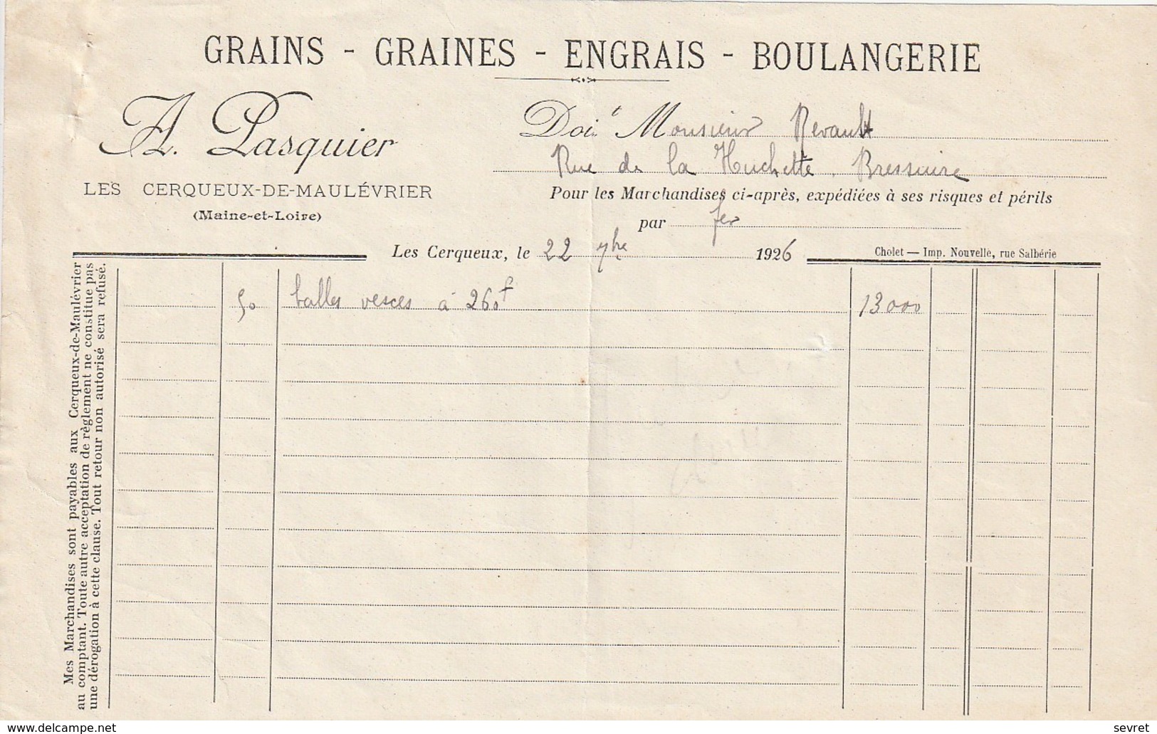 49 - LES CERQUEUX De MAULEVRIER . A. PASQUIER . Grains Graines Engrais Boulangerie - Landbouw