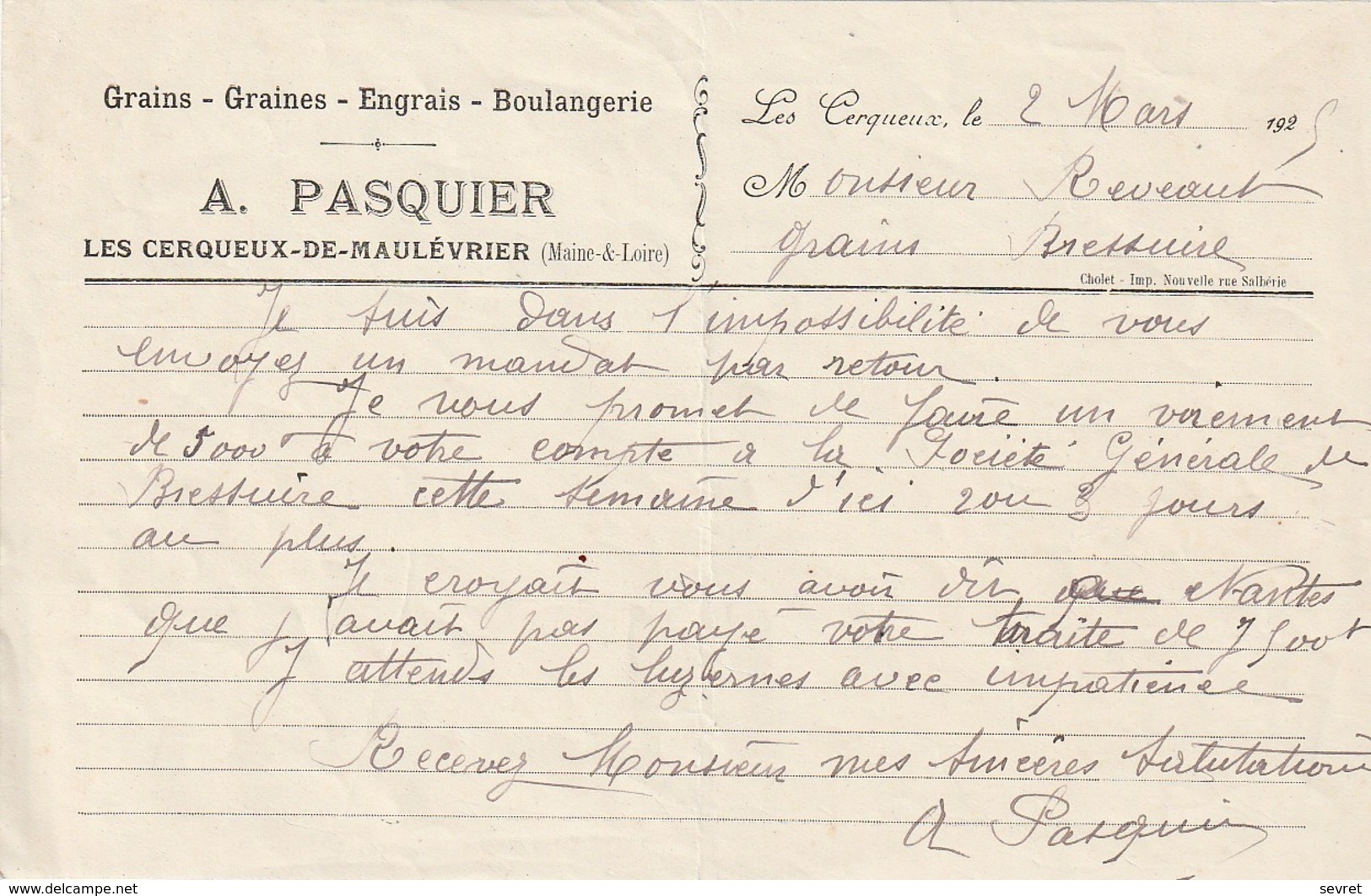 49 - LES CERQUEUX De MAULEVRIER . A. PASQUIER . Grains Graines Engrais Boulangerie - Agriculture