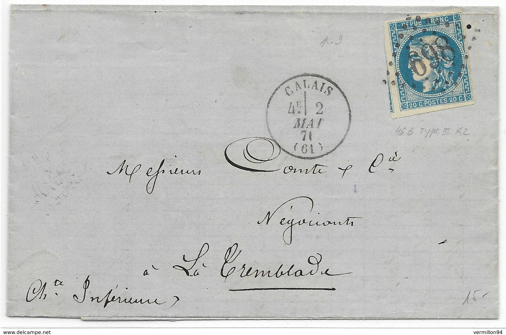 Emission De Bordeaux 20 C Bleu GC 698 CALAIS (Pas-de-Calais) 1871 (cachet : Zéro  Limé Pour Faire 1) - 1849-1876: Klassik