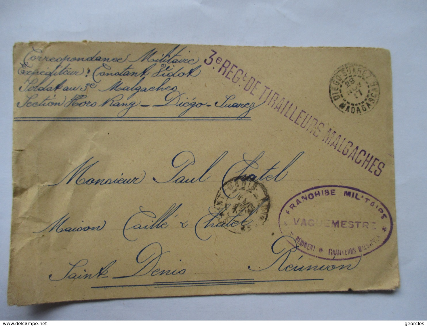 CORRESPONDANCE MILITAIRE  - DIEGO-SUAREZ (  MADAGASCAR )  VERS  LA  REUNION   TIRAILLEURS  MALGACHES 1917 - Autres & Non Classés