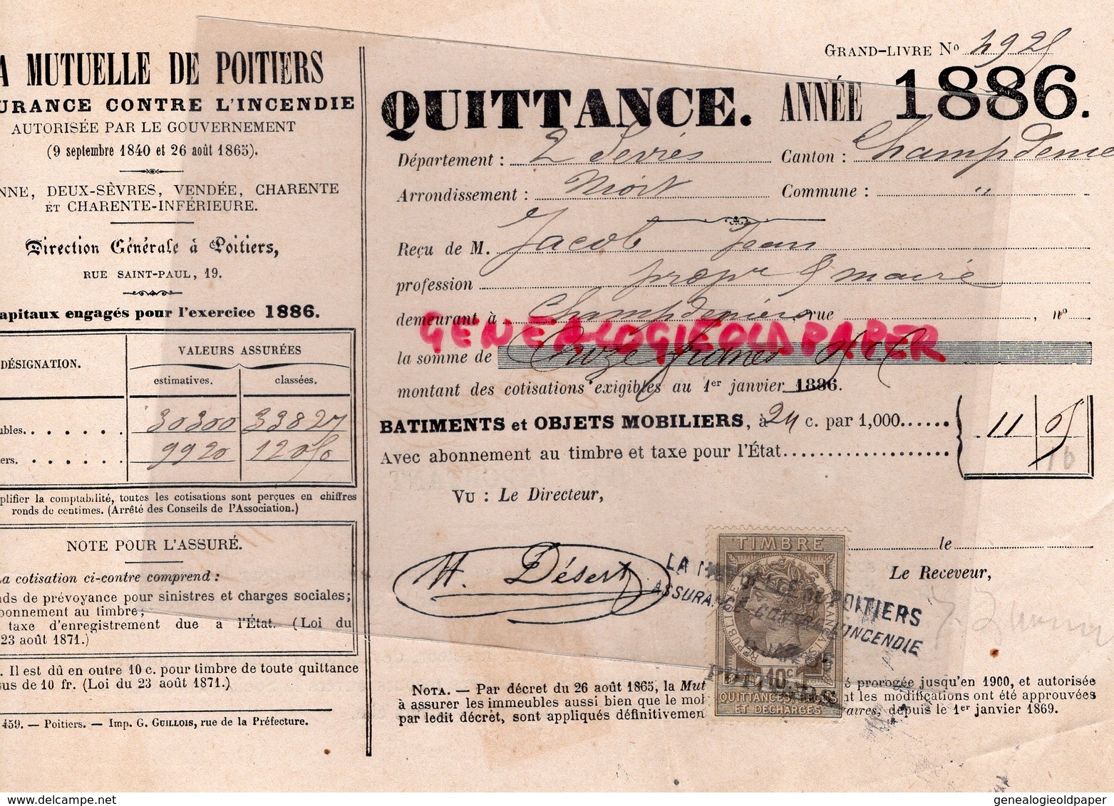 86- POITIERS- QUITTANCE 1886- LA MUTUELLE DE POITIERS- JEAN JACOB CHAMPDENIERS - Bank & Insurance