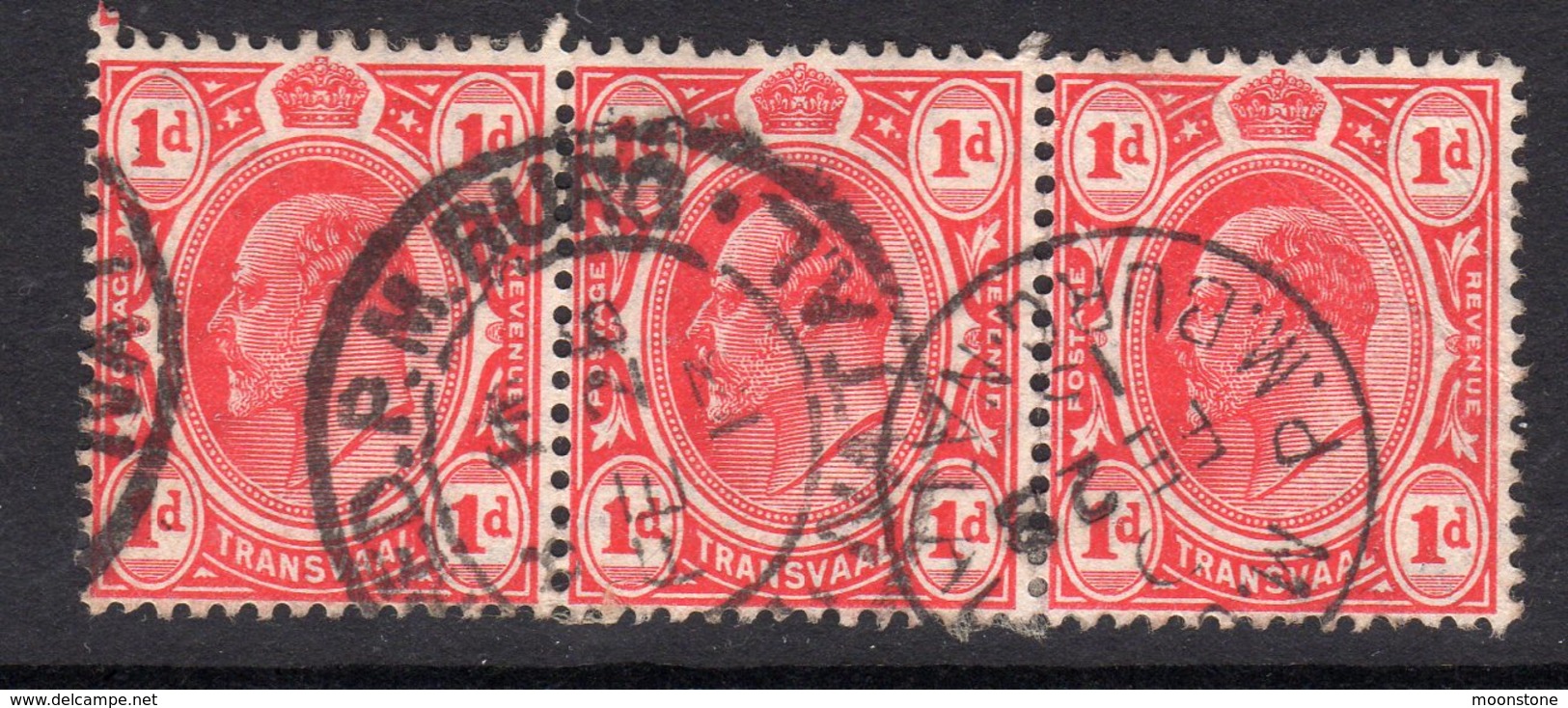 Transvaal 1908-9 EVII 1d Scarlet Strip Of 3, Wmk Multiple Crown CA, Used, SG 274 - Transvaal (1870-1909)