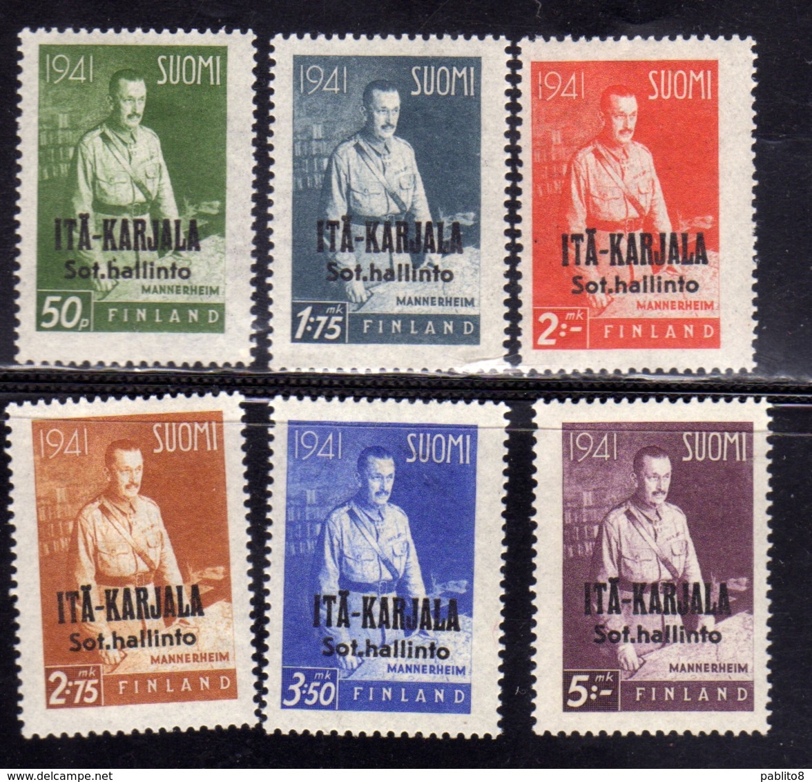 FINLAND EAST OCCUPATION KARELIA FINLANDIA 1942 FIELD MARSHAL MANNORHEIM ITA KARJALA OVERPRINTED COMPLETE SET SERIE MLH - Local Post Stamps