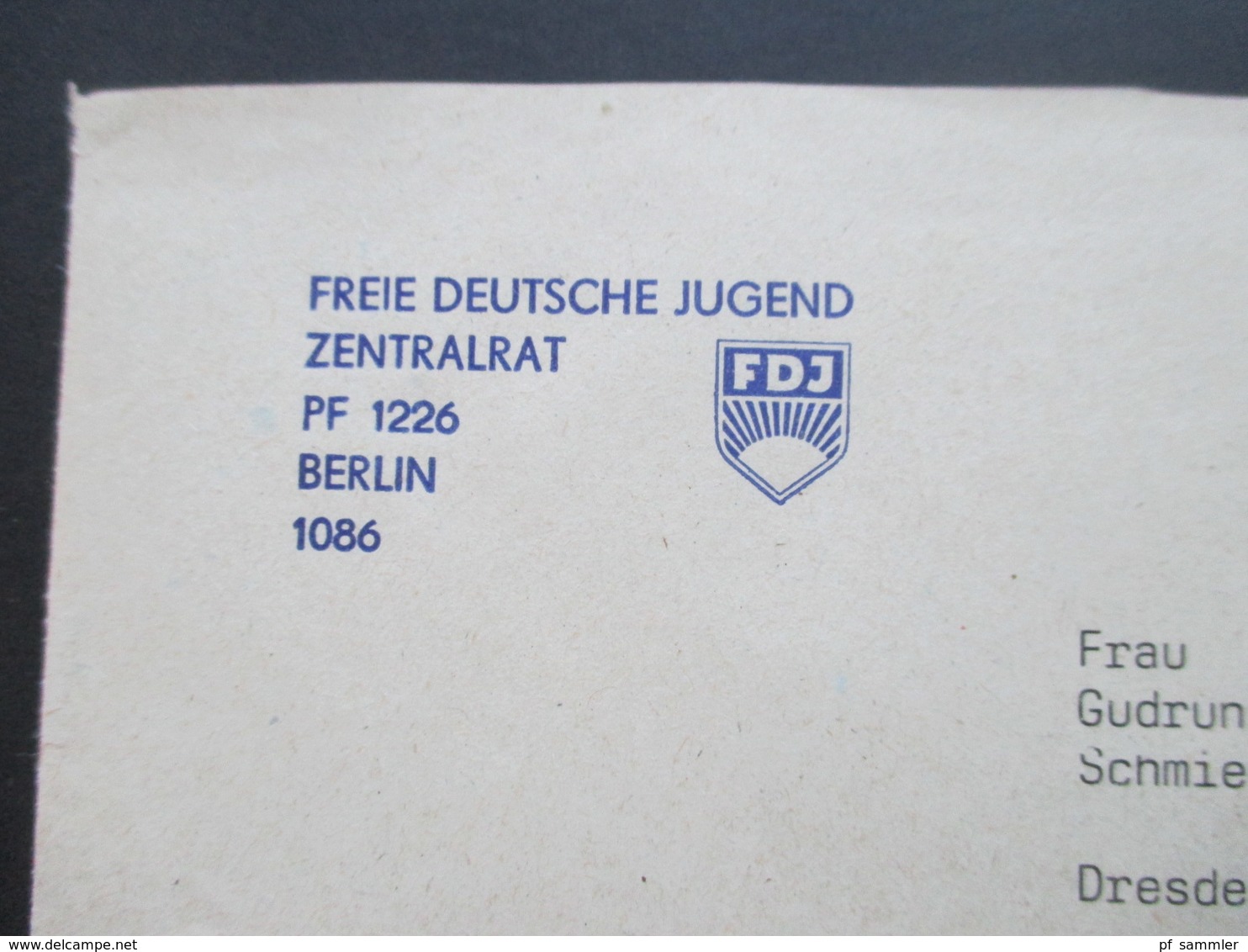 DDR Freiumschlag Gebühr Bezahlt Freie Deutsche Jugend Zentralrat PF 1226 Berlin FDJ - Cartas & Documentos