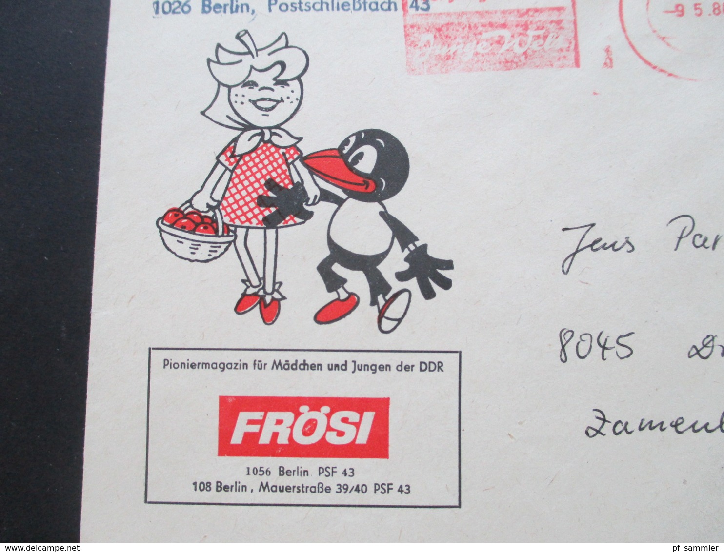 DDR 1980 Roter Feistempel Wer Jung Liest, Liest Die Junge Welt. Werbeumschlag Frösi Pioniermagazin Für Jungen Und Mädche - Covers & Documents