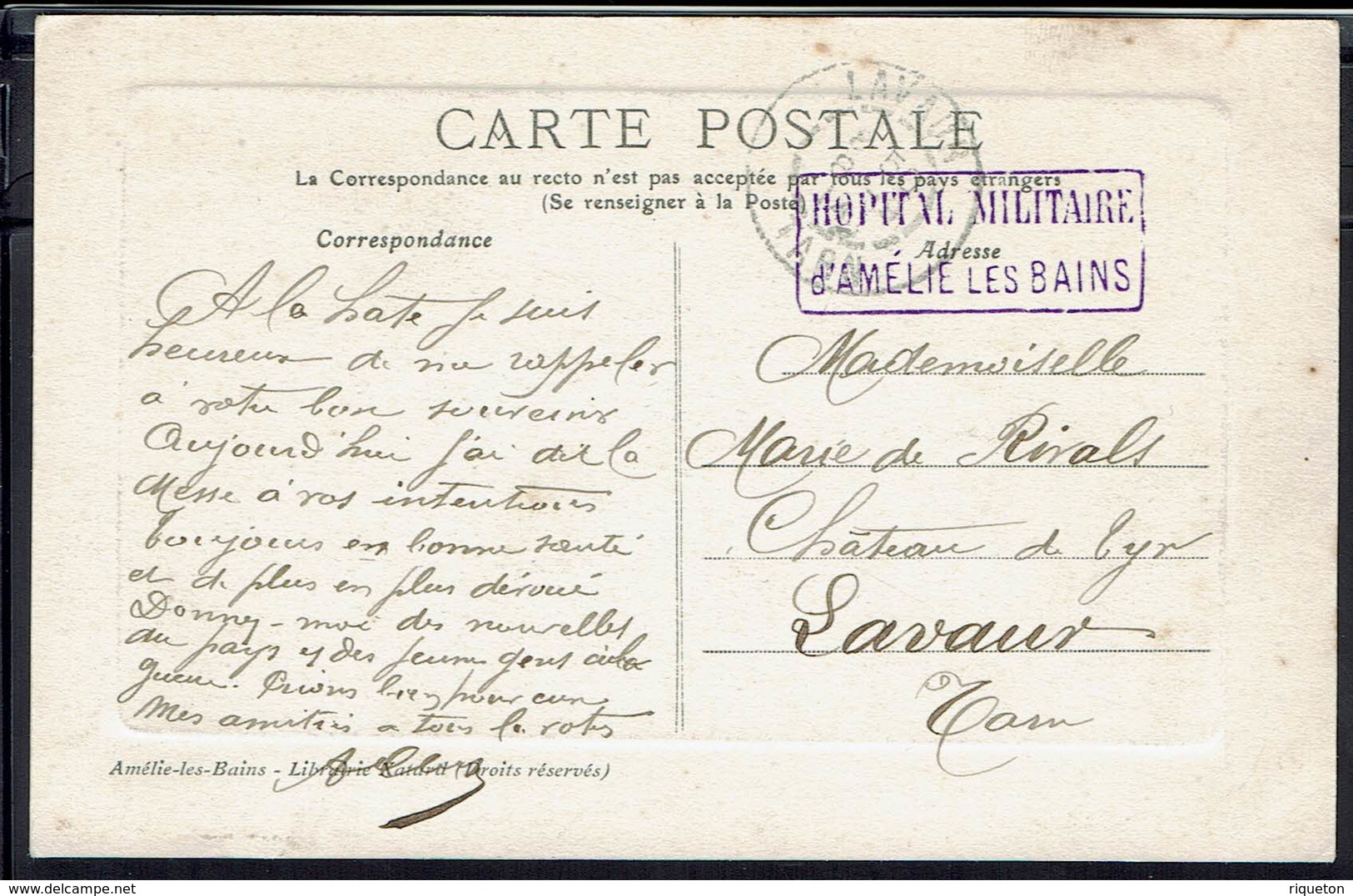 Fr - Hopital Militaire D'Amélie Les Bains - Cor. Pour Lavaur Sur CPA "Amélie -Vue Générale Et Fort" Cachet Lavaur 8-9-14 - Guerra Del 1914-18