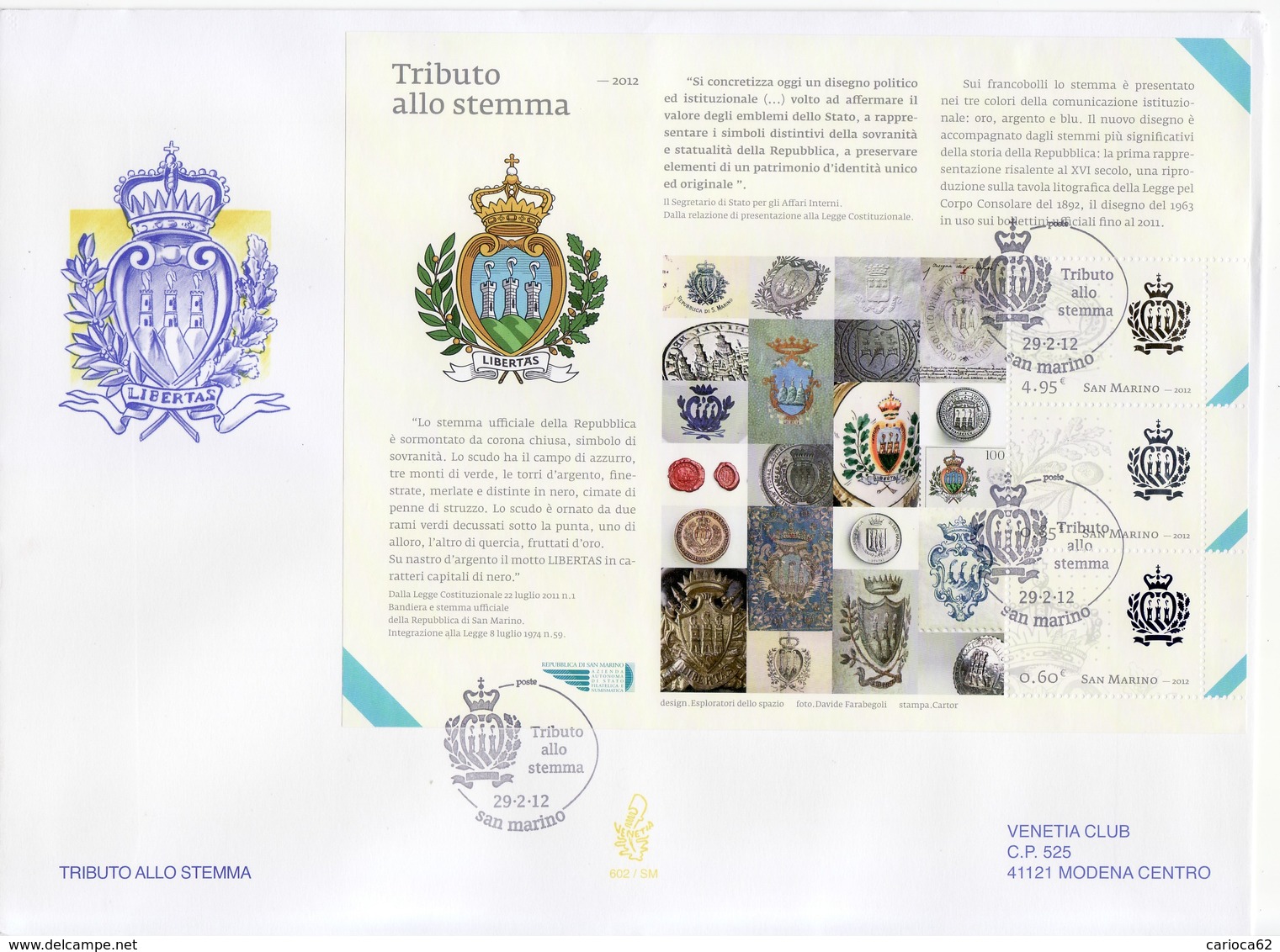 2012 - FDC " TRIBUTO ALLA STEMMA " VENETIA VEDI++++ - FDC