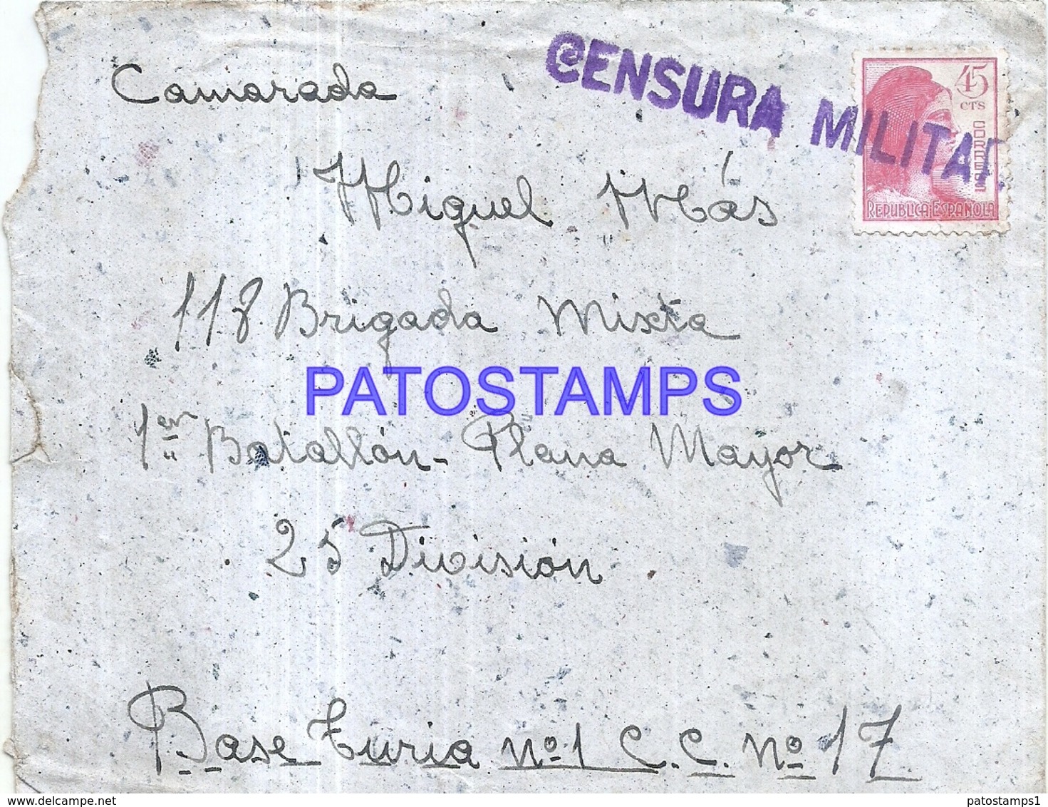 126685 SPAIN BASE TURIA COVER WAR GUERRA CIVIL ENTRE CAMARADAS CENSORED MILITARY NO POSTAL POSTCARD - Andere & Zonder Classificatie