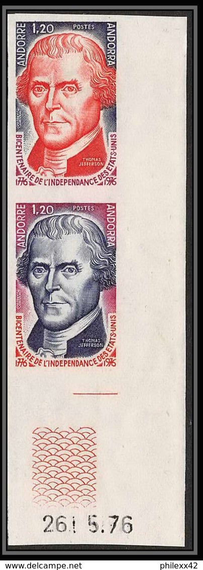 85011 N°255 Paire Coin Daté Independance Des Usa Jefferson Andorre Andorra Essai Color Proof Non Dentelé Imperf ** MNH - Independecia USA