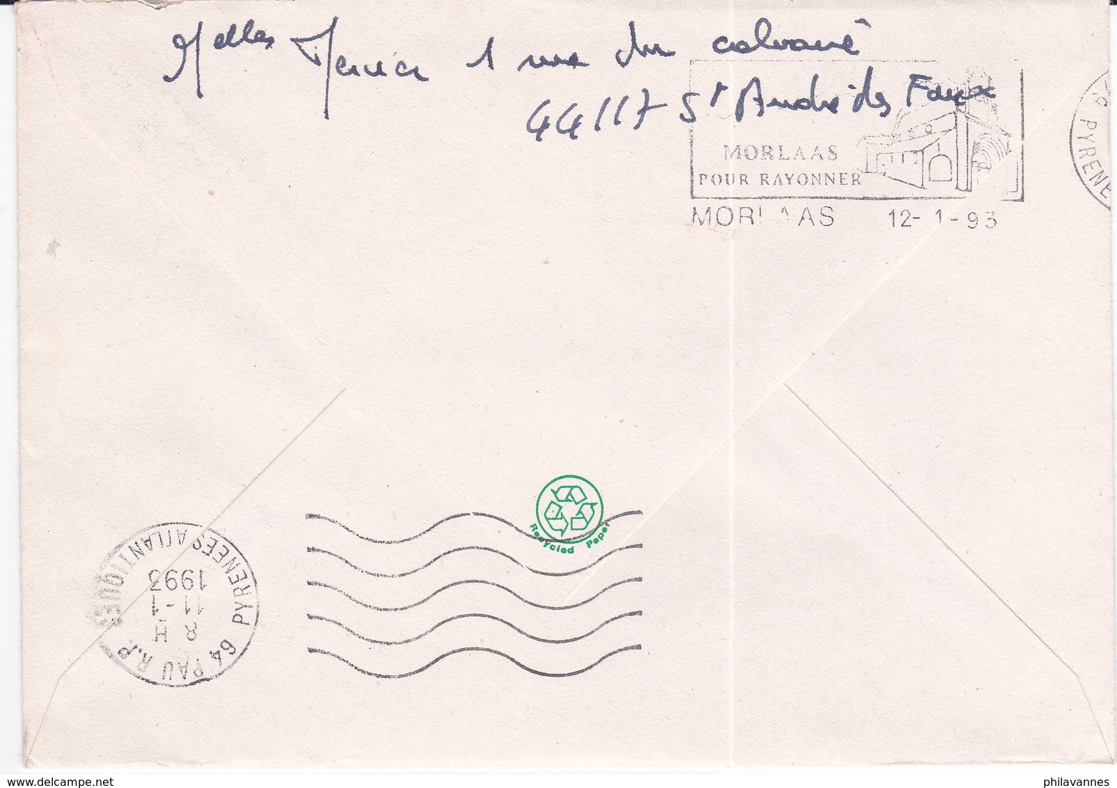 FAUSSE DIRECTION,  De MORLAAS  Sur Lettre De 1993 De SAINT ANDRE DES EAUX Pour PAU    (Tal191219/011) - 1961-....