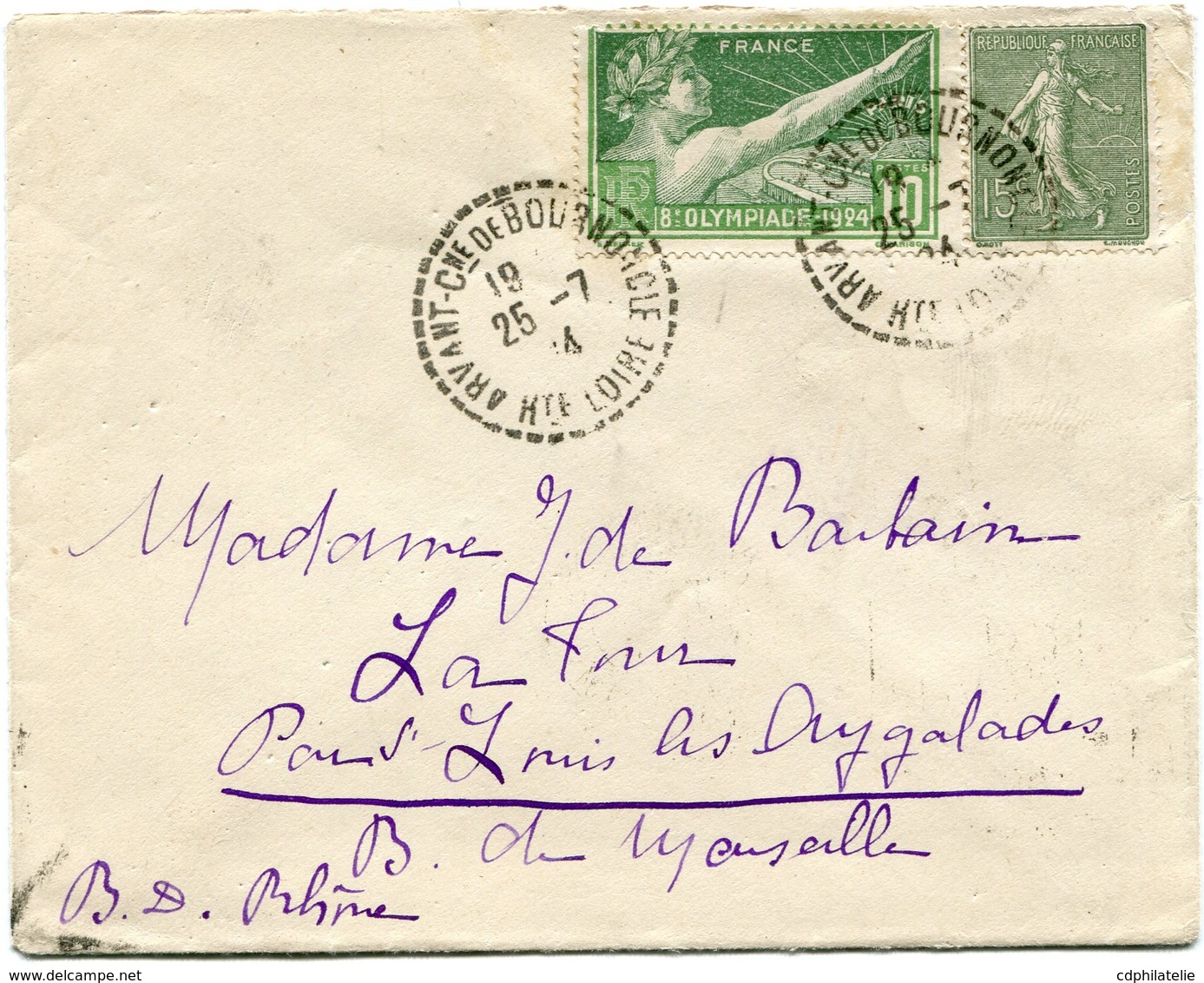 FRANCE THEME JEUX OLYMPIQUES LETTRE DEPART ARVANT-Cne DE BOURNONCLE 25-7-24 Hte LOIRE POUR LA FRANCE - Ete 1924: Paris