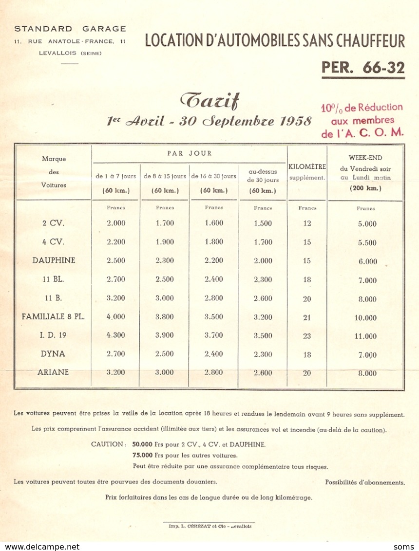 Tarifs De Location D'automobiles Sans Chauffeur, 1958, Standard Garage De Levallois, 2 Cv, Traction, ID 19, Ariane - Automobil