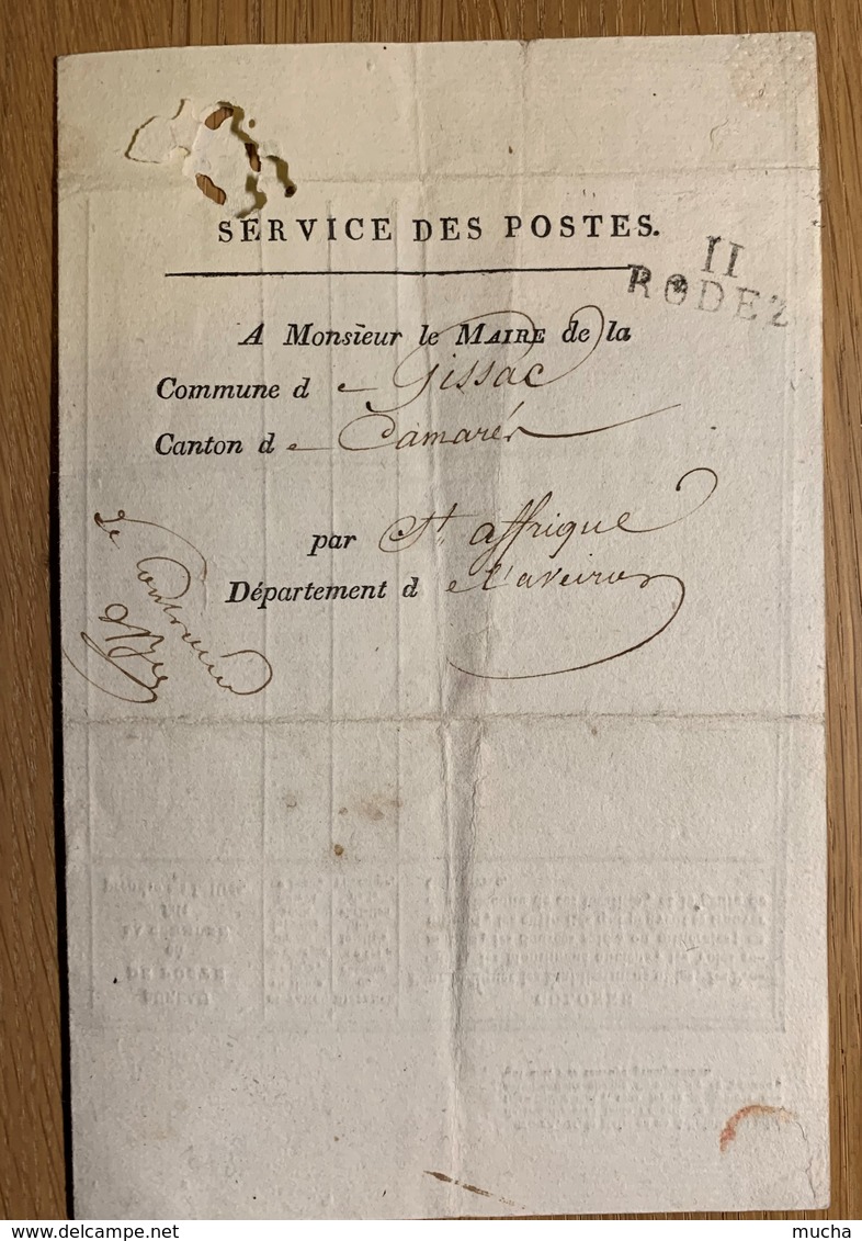 60127 - Service Des Postes Rodez II à Monsieur Le Maire De Gissac 26.09.1822 Document Pour Recensement 1821 - Non Classés