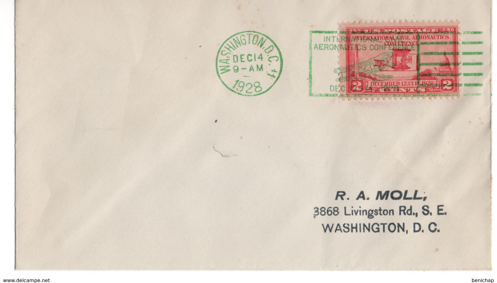 (R8) SCOTT 649 - AERONAUTICS CONFERENCE ISSUE - WRIGHT AIRPLANE - WASHINGTON D.C. - 1928 - GREEN CANCELLATION. - Enveloppes évenementielles