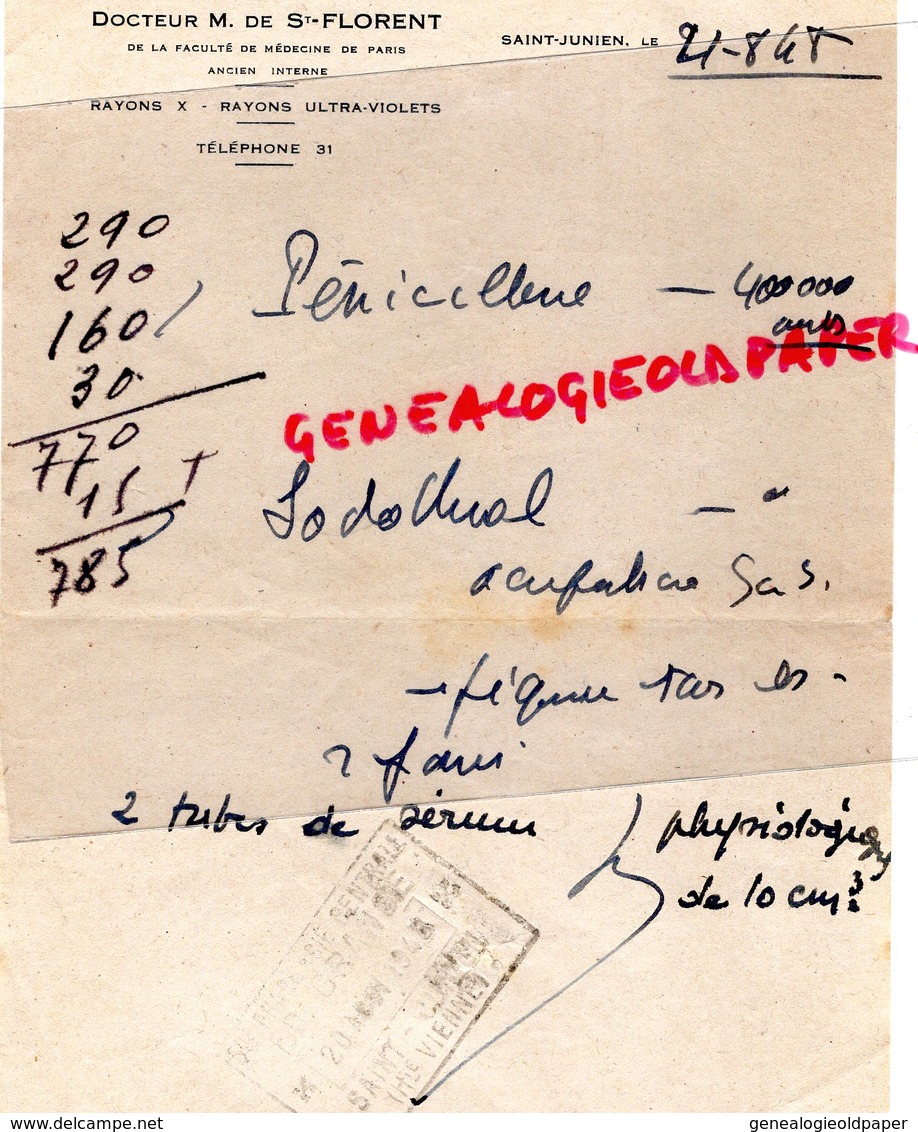 87 - SAINT JUNIEN - DOCTEUR DE SAINT FLORENT -  MEDECIN FACULTE ET HOPITAUX DE PARIS -VERS 1948 - 1900 – 1949