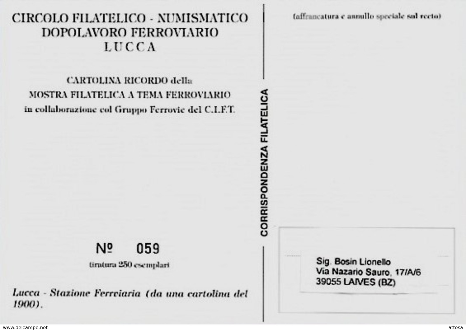 Lucca 29-9-1996 - MOSTRA FILATELICA A TEMA FERROVIARIO - - Philatelic Exhibitions