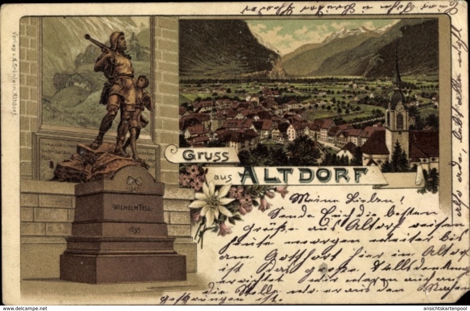 Lithographie Altdorf Kt. Uri Schweiz, Wilhelm Tell Denkmal, Totalansicht - Altdorf