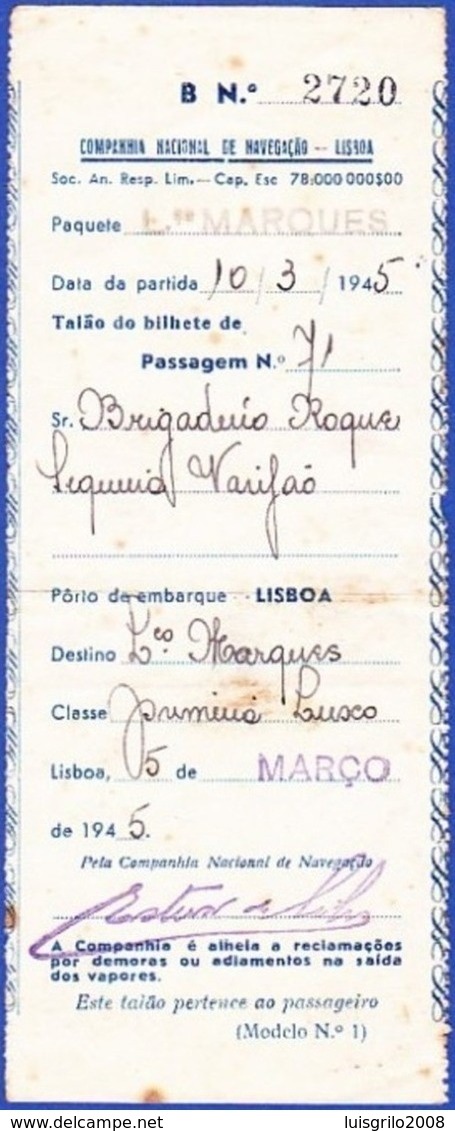 Ticket PAQUEBOT / Paquete Lourenço Marques - 1945, Lisboa, Portugal To Lourenço Marques, Mozambique - Europa