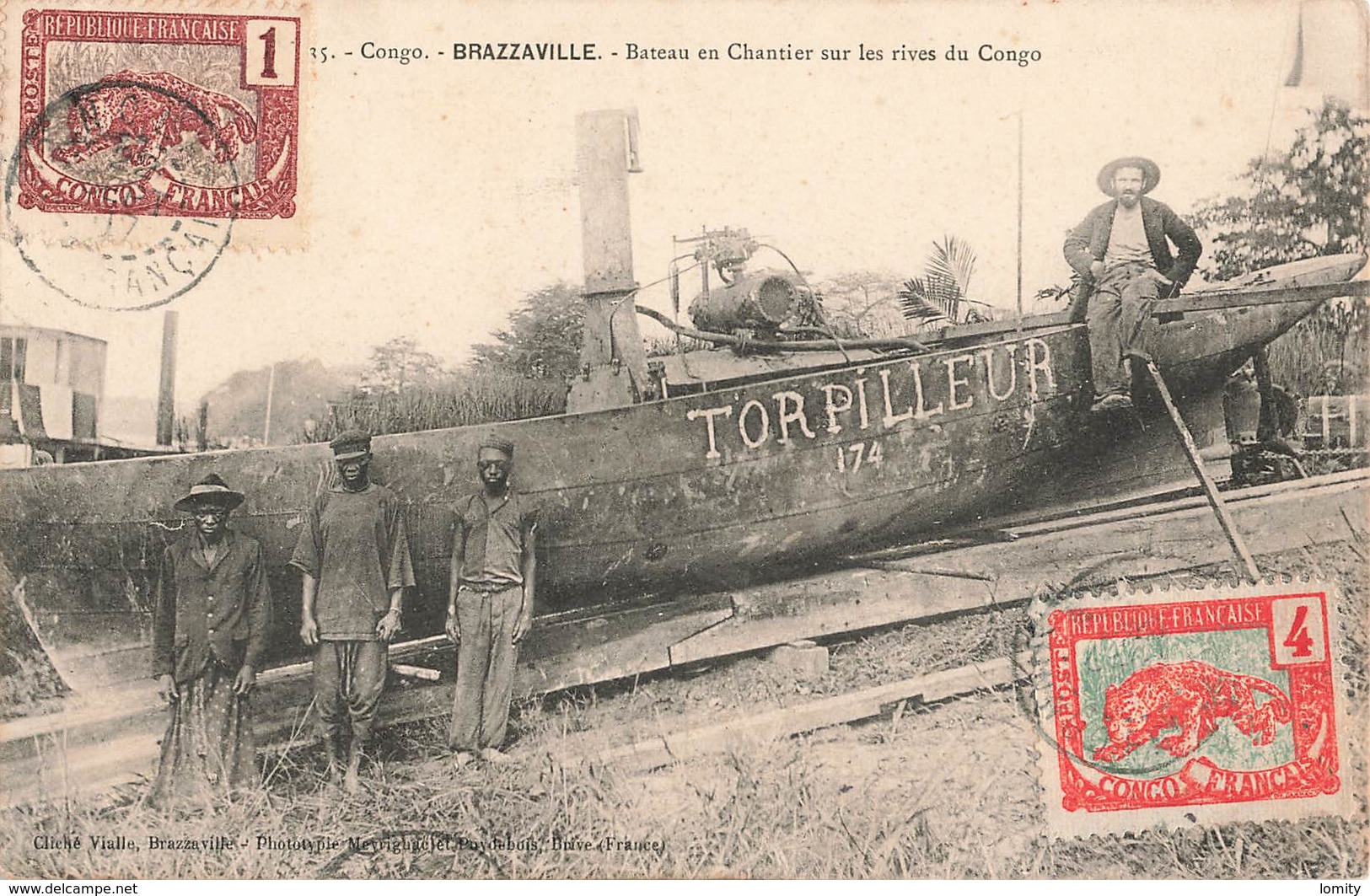 Congo Brazzaville Bateau En Chantier Sur Les Rives Du Congo Torpilleur + Timbre Timbres Cachet 1907 - Brazzaville