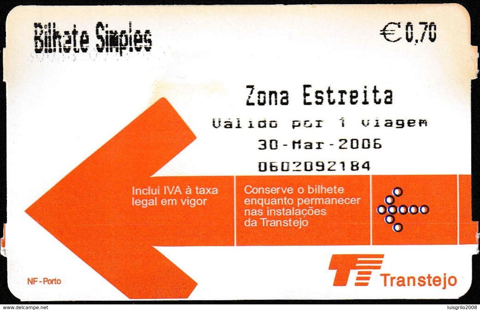 Boat Ticket, Portugal - Tejo River / 2006, TT Transtejo - Zona Estreita - Europa