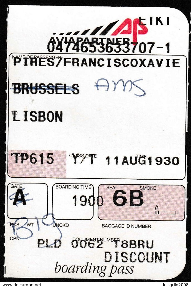 Boarding Pass, Belgium - Aviapartner / Brussels To Lisbo, Portugal - Europa