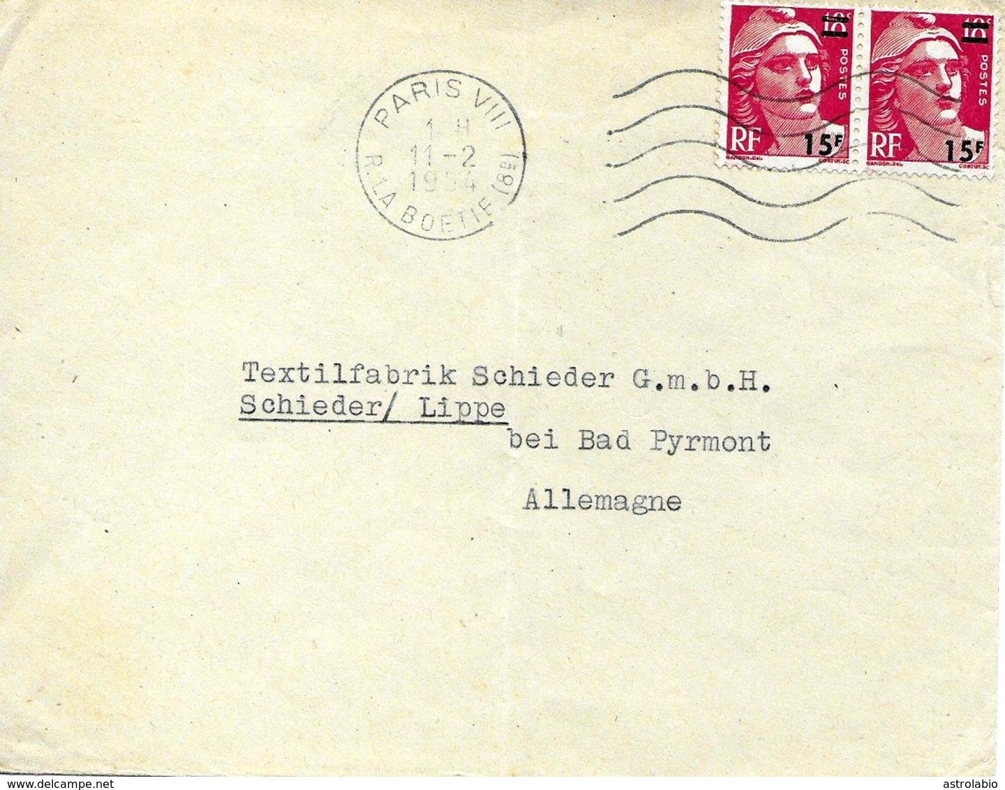 Paris Vers Allemagne Sur Lettre 1954 Timbres Surchargés - 1945-54 Marianne De Gandon