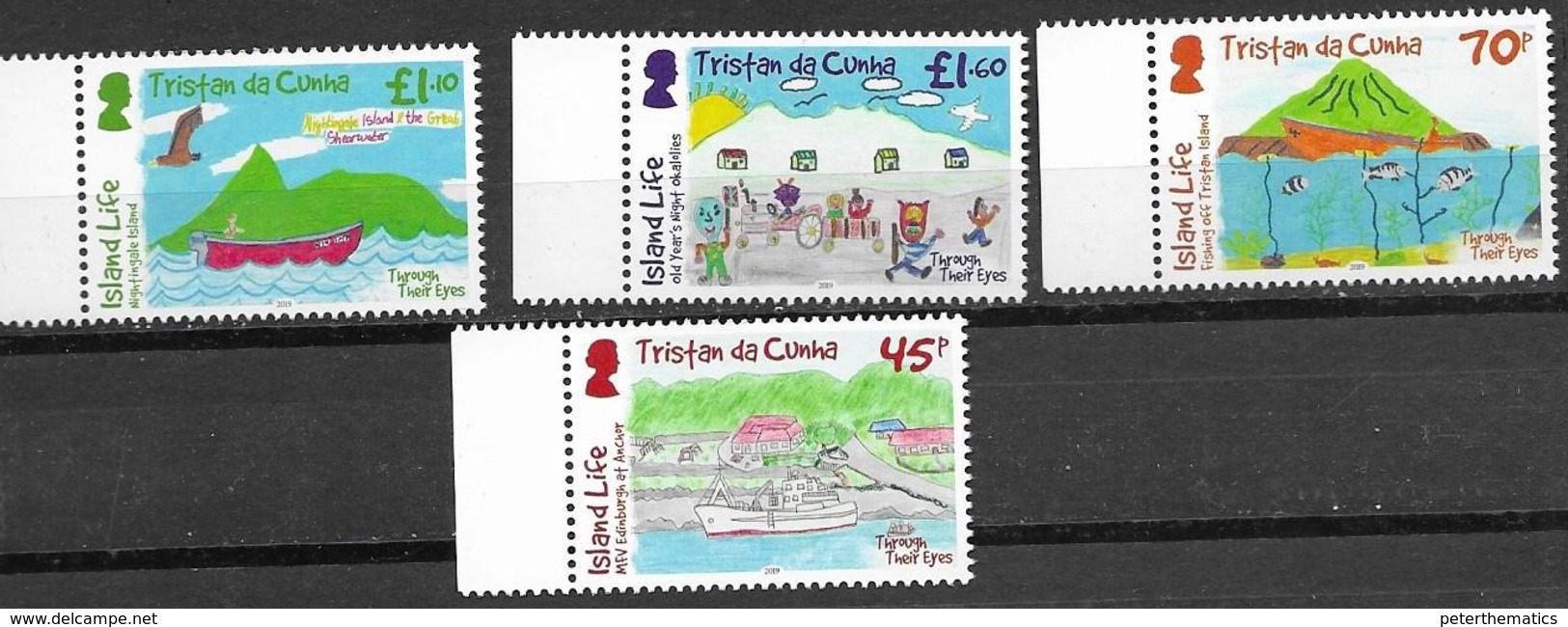 TRISTAN DA CUNHA, 2019, MNH, CHILDREN'S DRAWINGS, THE WORLD THROUGH THEIR EYES, BOATS, SHIPS, FISH, BIRDS, VOLCANOES, 4v - Otros & Sin Clasificación