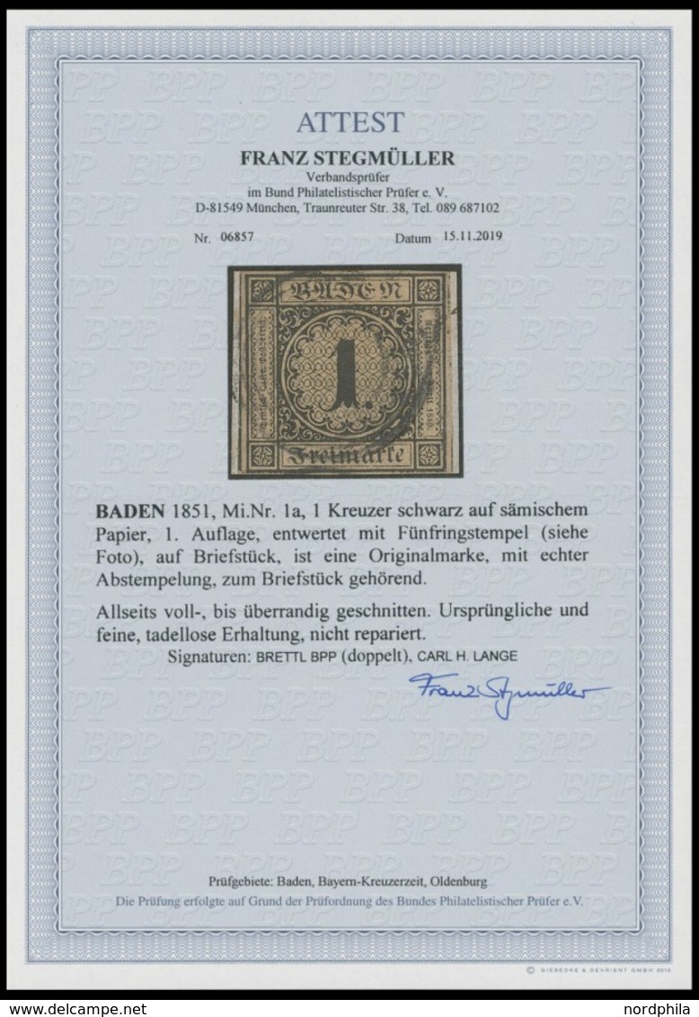 BADEN 1a BrfStk, 1851, 1 Kr. Schwarz Auf Sämisch, Allseits Vollrandig Auf Kleinem Briefstück, Kabinett, Mi. (1000.-) - Sonstige & Ohne Zuordnung