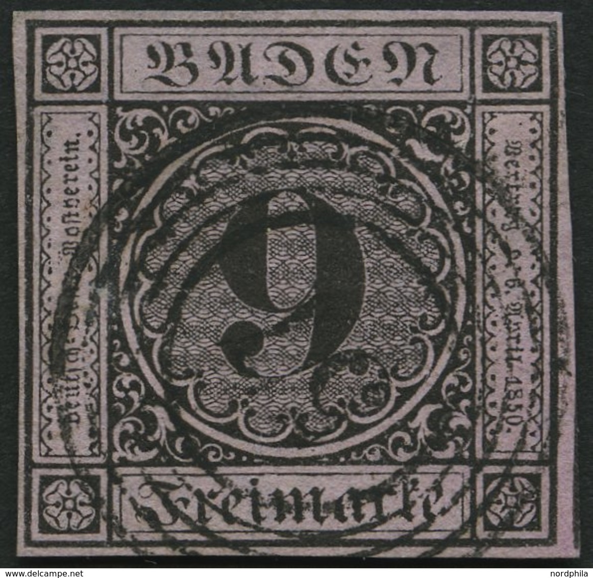 BADEN 4a O, 1851, 9 Kr. Schwarz Auf Altrosa, Nummernstempel 57, Allseits Breitrandig, Pracht - Sonstige & Ohne Zuordnung