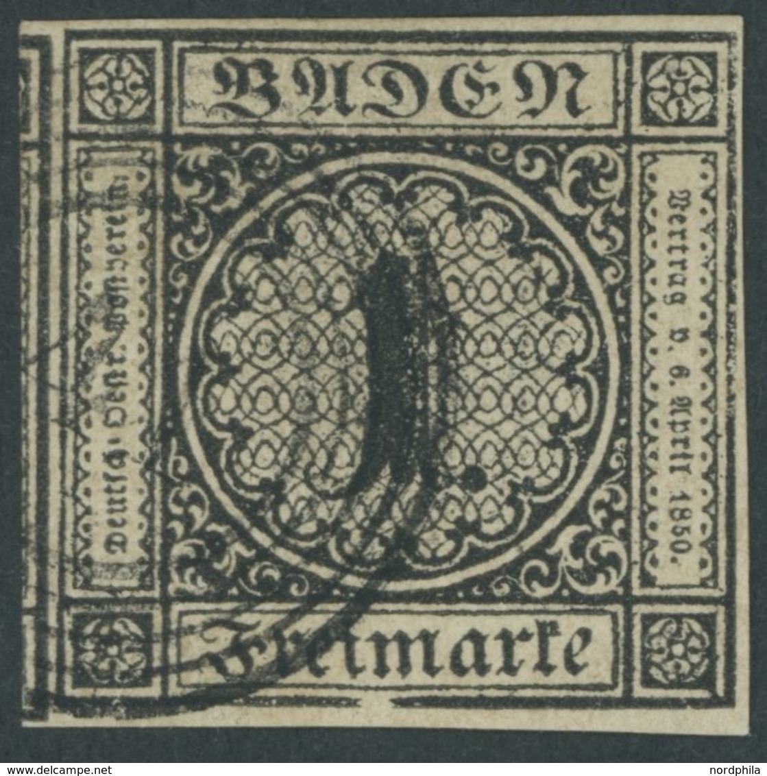 BADEN 5IV O, 1853, 1 Kr. Schwarz Mit Plattenfehler Einfassungs- Und Randlinie Unter Im In Freimarke Gebrochen, Voll-ries - Other & Unclassified