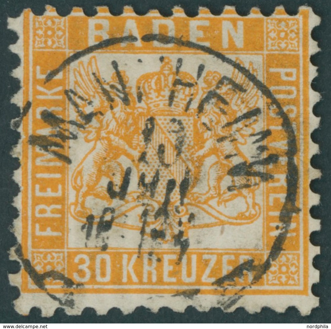 BADEN 22a O, 1862, 30 Kr. Lebhaftgelborange, K1 MANNHEIM, Pracht, Fotoattest Stegmüller: Allseits Vollständige Zähnung.  - Altri & Non Classificati