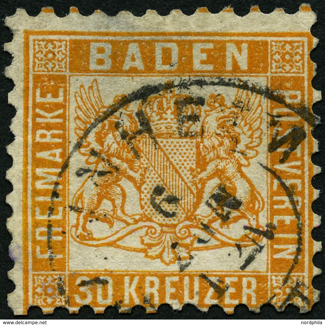 BADEN 22a O, 1862, 30 Kr. Lebhaftgelborange, Große Falzhelle Stelle, Feinst, Signiert H. Krause, Mi. 3200.- - Otros & Sin Clasificación