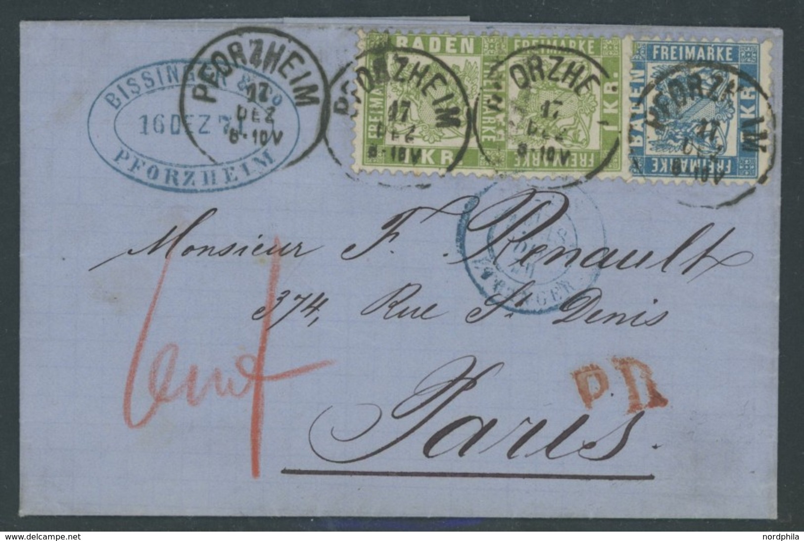 BADEN 23,25a BRIEF, 1871, 1 Kr. Grün Und 7 Kr. Blau Mit Tax-Vermerk 6 WF (weiter Franco Für Den Französischen Portoantei - Altri & Non Classificati