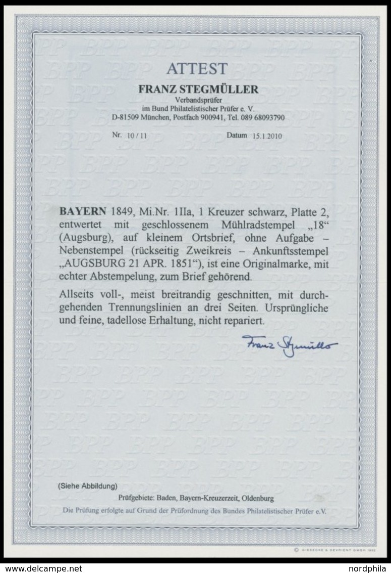 BAYERN 1IIa BRIEF, 1851, 1 Kr. Schwarz, Platte 2, Allseits Voll-breitrandig Mit Trennungslinien An Drei Seiten, Auf Klei - Otros & Sin Clasificación
