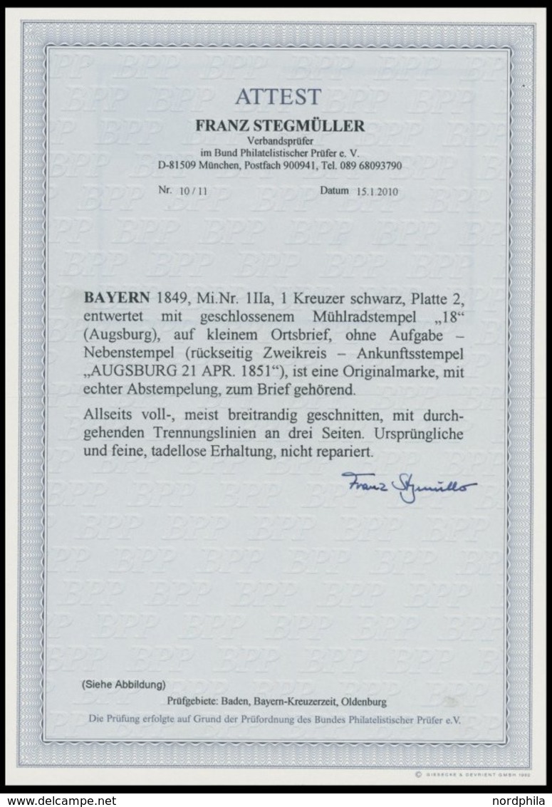 BAYERN 1IIa BRIEF, 1851, 1 Kr. Schwarz, Platte 2, Allseits Voll-breitrandig Mit Trennungslinien An Drei Seiten, Auf Klei - Altri & Non Classificati