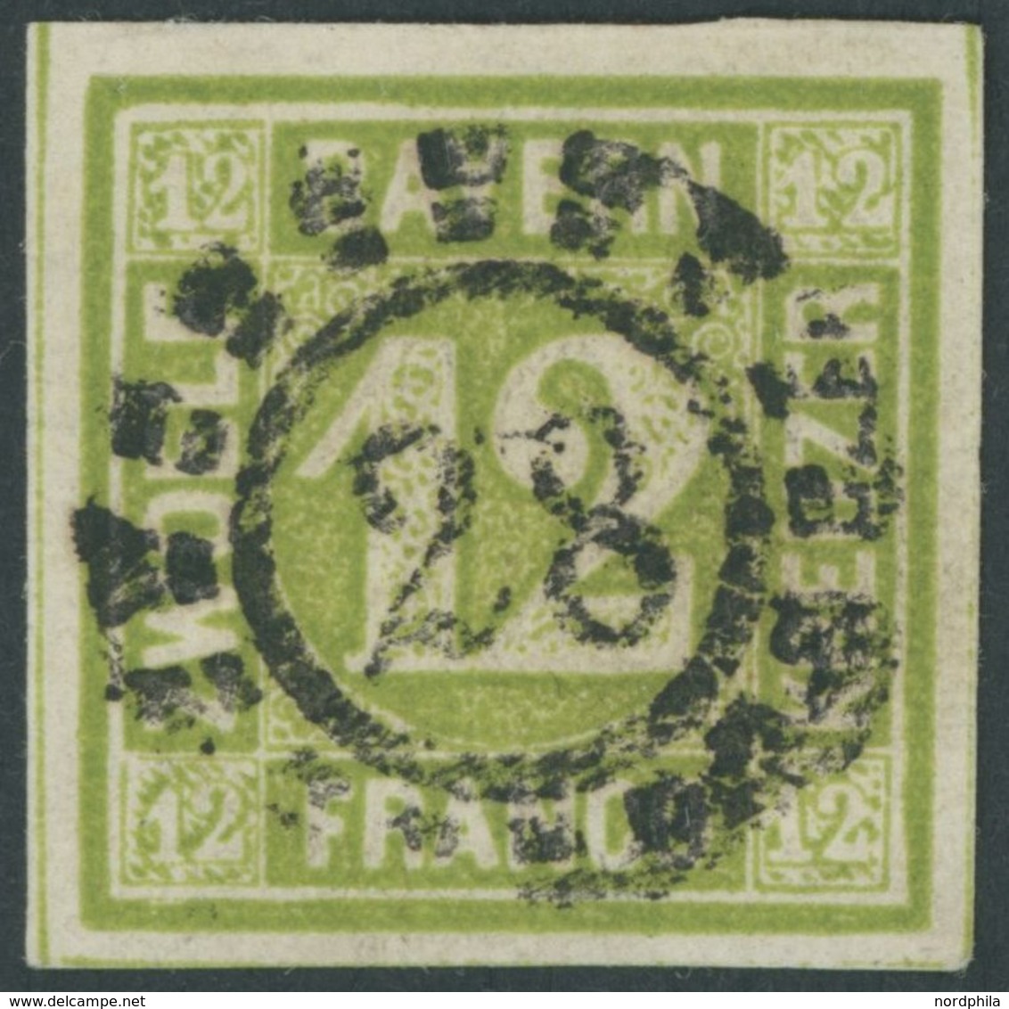 BAYERN 12 O, 1862, 12 Kr. Dunkelgelbgrün, Idealer Zentrischer Offener MR-Stempel 28, Kabinett - Sonstige & Ohne Zuordnung