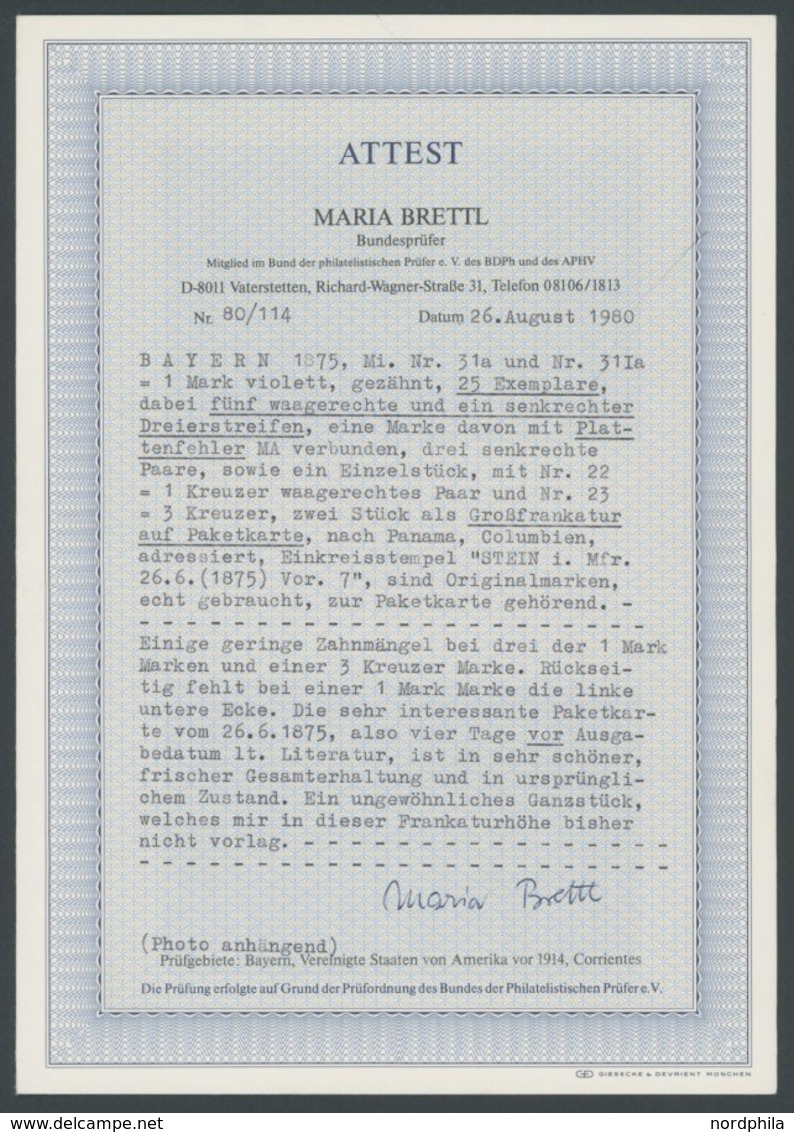 BAYERN 31a,31Ia BRIEF, 1875, 1 M. Violett, 25x, Dabei 5 Waagerechte Paare, Ein Dreierstreifen, Davon Eine Marke Mit Plat - Other & Unclassified